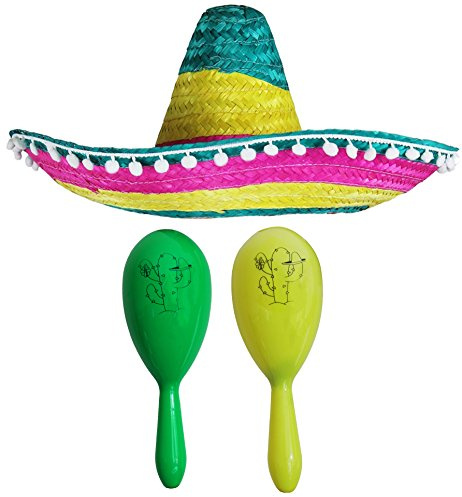 Mexikansk tjusig klänning tillbehörsset – Mexikansk SOMBRERO med Maracas – (flerfärgad POM SOMBRERO + grön och gul maracas)