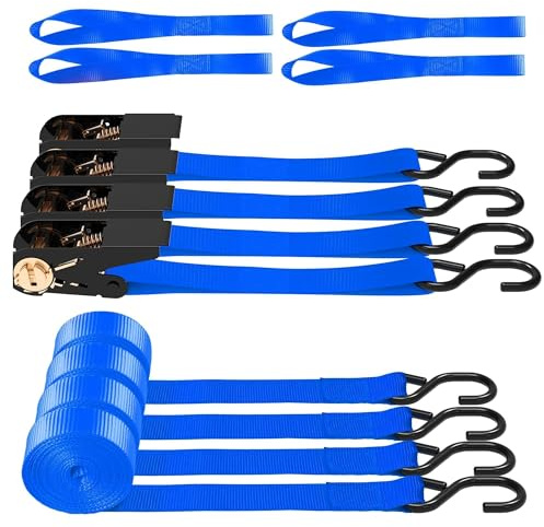 AWELCRAFT Ratchet Straps, 1500 lbs Breaking Strength - Premium 4X 15ft Tie Down Strap Set, 4X Soft Loops for Moving Appliances, Lawn Equipment, Motorcycle (Blue)