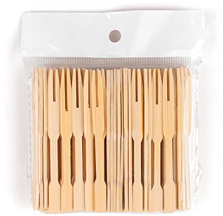 Antetok Forchette da cocktail, 100 pezzi, forchette da frutta a due denti, posate usa e getta, in legno, per antipasti, per cocktail