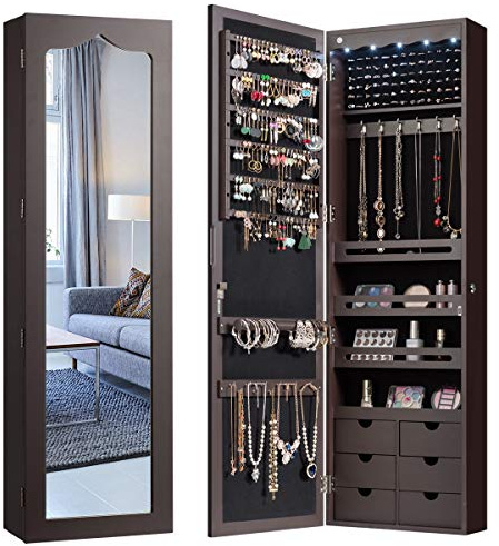 RELAX4LIFE Armoire à Bijoux Murale avec Miroir, 5 Lumières Automatiques, Miroir Rangement Bijoux avec 6 Tiroirs pour Boucles d'Oreilles Colliers Cosmétiques (Marron | Tiroir en MDF)