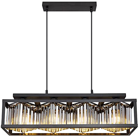 Kristall Pendelleuchte Hängelampe Wohnzimmer modern Hängeleuchte Esstisch schwarz 4 flammig, Metall Glas, 4x E27, LxH 68 x 120 cm