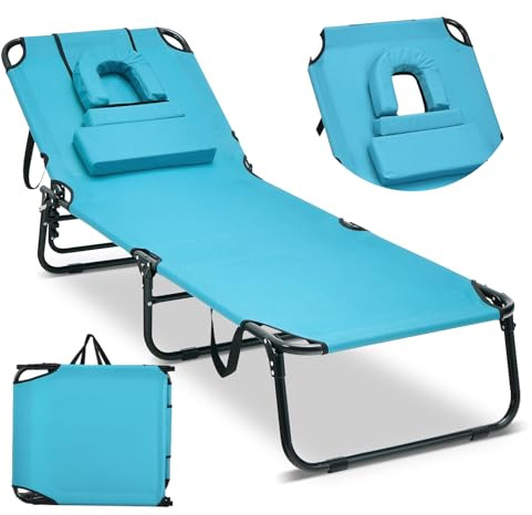 COSTWAY Chaise Longue Pliante, Bain de Soleil Réglable à 5 Positions, Charge 150kg, Trou pour Visage, 3 Coussins Amovible, Tissu Oxford, Sangle, Transat Jardin Exterieur pour Plage Piscine(Turquoise)