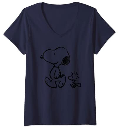 Peanuts Damen Sommer T-Shirt mit V-Ausschnitt: Snoopy Woodstock Cartoon, Blau, S