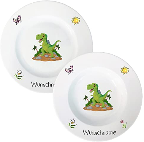 Kindergeschirr Speiseservice 2-tlg. Suppenteller und Speiseteller Kinder Service Set aus Porzellan personalisierbar mit Wunschname Name Kindergeschirr mit Namen personalisiert (Dinosaurier)