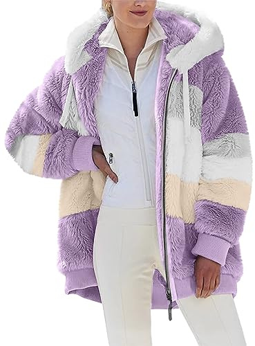 MJGkhiy Mujer Abrigo De Felpa Elegante Jersey Suave Bata Cárdigan Con Bolsillos Fuzzy Jersey Sherpa Hoodie Curvy Sudadera Con Manta Kimono Plush Outwear Manga Larga, violeta, XL