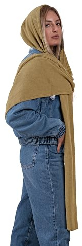 Bufanda con capucha para mujer o niña - en lana tejida - protector de orejas, calentador de cuello y cubrecabeza - Fabricado en Italia, beige, Talla única