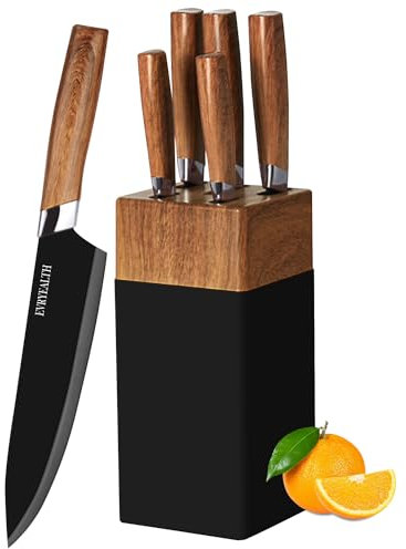 Küchenmesser Set – 5-teiliges Messerset mit Block, Holzmaserungsgriff, Edelstahlmesser mit Kochmesser, Brot,Allzweckmesser, Schälmesser zum Schneiden von Fleisch/Gemüse/Obst.…