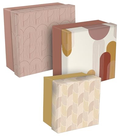 Clairefontaine 116080C - Un Lot de 3 Boites de Rangement Gigognes Carrées Multifonctions en Carton motifs Géométriques aux Couleurs Chaleureuses - 25x25x12cm, 20x20x11cm et 16x16x10cm - Terracotta