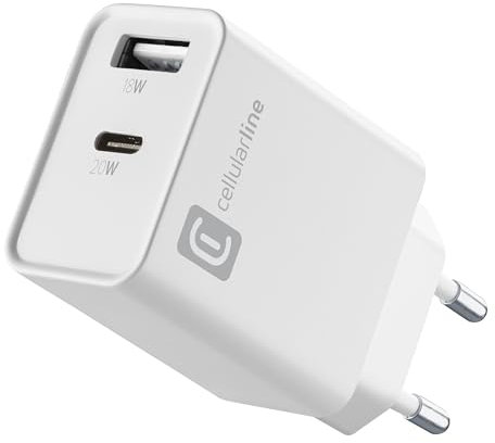 Cellularline - Multiport Charger PD 20W - Cargador con Dos Puertos - Puerto USB-C 20W PD - Puerto USB-A 18W - Compatible con Todos los Smartphones - Blanco