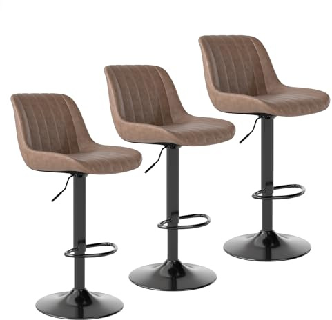 Youhauchair Taburetes Altos de Cocina Juego de 3, Taburete de Bar Giratorios de Altura con Respaldo, Taburete Alto Ajustable de Cuero PU, Taburete Cocina Moderna, Marrón