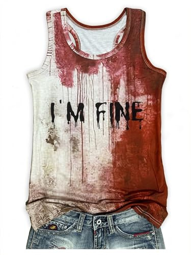LANMERTREE I'm Fine Bloody Tank Tops for Women Funny Halloween Blood Horror Clothes Gift Blood Splatter Muscle Vest, Bloody, M
