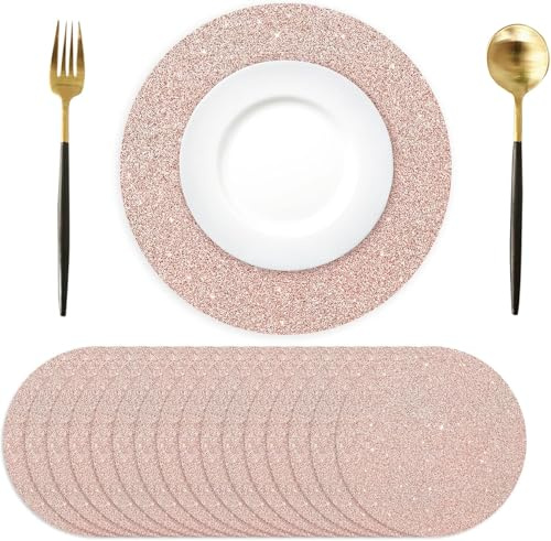 50 styckenbordstablett i roséguld papper, runda 35 cm, glitterpapper dekorativa för matbord, bröllop, födelsedag, fest