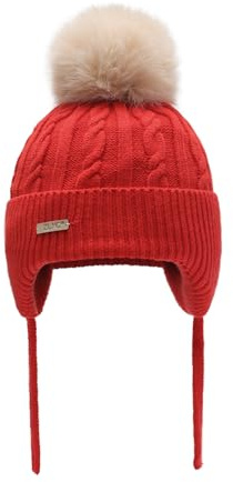ZLYC Kinder Mädchen Strickmützen Wintermützen Baumwolle Pom Pom Beanie(Einfarbig Rot),Einheitsgröße