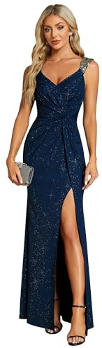 Ever-Pretty Robe de Soirée Femme Longue Moulante Fendu Col V Plis Bandoulière à Sequins Haute Élasticité Bleu Marine 44