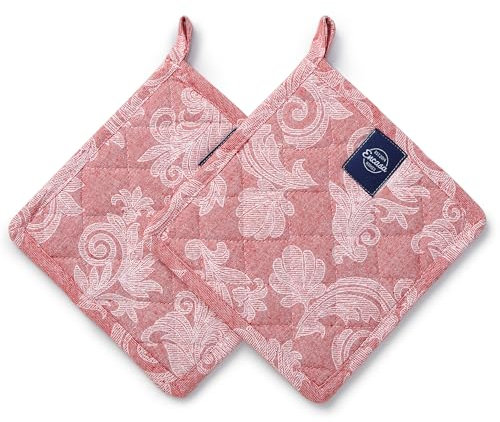 Encasa XO Topflappen für die Küche | Baumwolle Mikrowelle Heiße Utensilien Halter | 21 cm | Hitzebeständig, Gepolstert, Mit Aufhängeschlaufe | Zum Kochen & Backen | 2er Set | Rot
