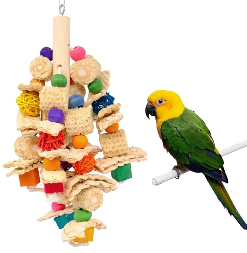 JJQHYC Bird Toys, Parrot Toys, Natural Corn Cob and Colourful Wooden Blocks Bird Chewing Toy for Cockatiels, Budgies, and Small to Medium-Sized Parrots
