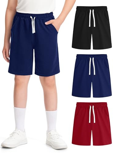 BOOPH 3 Pack Boys Shorts Boy Cotton Athletic Shorts Kids Casual Summer Clothes with Pockets 13-14 Years Black/Navy/Wine Red