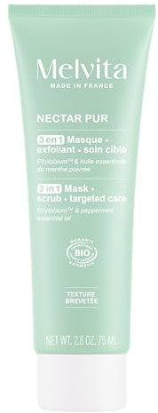 Melvita - Maschera Esfoliante 3 in 1 - Nectar Pur - Pelli Miste a Grasse - Texture tipo argilla - Imperfezioni - Pelle pulita e opacizzata - 75 ml