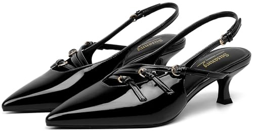 Susanny Slingback Kitten Heels for Women Closed Pointed Toe Strappy Dress Pumps Comfortable Stiletto Low Heels Sexy Buckle Strap Dressy Slip On Shoes for Wedding Bridal Party Work, Black-kitten, 5 UK