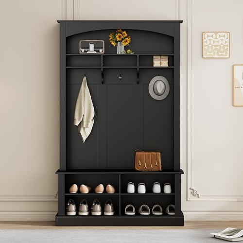 LULUWA Set appendiabiti con panca e portascarpe multifunzionale, con 3 ganci sospesi e spazio aperto, rettangolare, per corridoi H190/B120/T40 cm