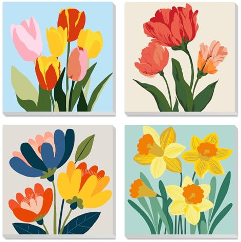 MXJSUA Flores Coloridas Juego De 4 Lienzos Enmarcados Para Pintar Por Números Para Niños Y Adultos, Kits De Manualidades De Pintura Acrílica DIY Para Decoración De Pared Del Hogar, 20x20cm