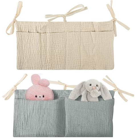 JWTRSVTY 2PCS Sac Rangement pour Lit Bébé, Organiseur De Lit Suspendu Pour Bebé, Lit Bébé Suspendu Sac De Rangement 2 en 1, Organisateur De Berceau avec 2 Poches, pour Stocker Vêtements,Couches,Jouets