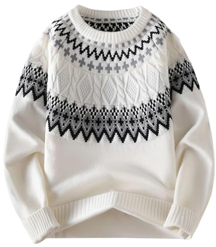 Mymyguoe Maglione norvegese da uomo in lana a righe fine merino, lavorato a maglia jacquard, motivo cavallo, slim fit, invernale, caldo maglione natalizio, bianco, XL