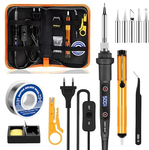Kit Fer à Souder 80W, Température Réglable 180-500°C, Électronique de Précision avec Interrupteur Marche/Arrêt, 5 Pannes, Fil de Soudure, pour Réparation Électrique et Bricolage (Noir)