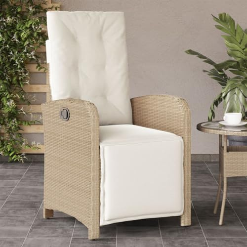 Drainlyn Trädgårdsfåtölj med fotdel, justerbar beige poly rotting, balkongstol, terrassstol, relaxstol, hög rygg, väderbeständig, utomhus med stoppning och armstöd för utomhusbruk