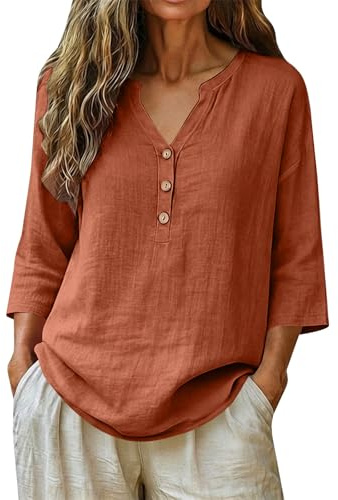 KUIH Ladies Tops 3/4 Sleeve Blouse Cotton Linen Summer Tops for Women Baggy Button V Neck Tunic Tops Plus Size Loose Fit Roll Up Sleeve T-Shirt Lightweight Vacation Casual Blouses Oversized Shirts