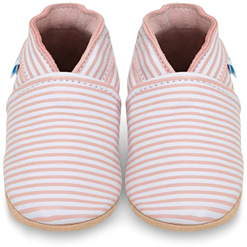 Soft Leather Baby Shoes with Suede Soles - Toddler Shoes - Infant Shoes - Pre Walker Shoes - Crib Shoes - Pink Stripes 12-18 Months