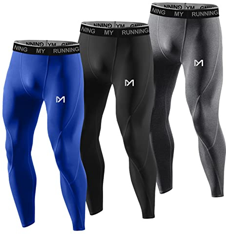 MEETYOO Kompressionsbyxor för män, sportleggings, ventilerande, fitness, strumpbyxor, funktionella underkläder, byxor, långa för löpning, vandring, cykling, Grå + blå + svart, XXL