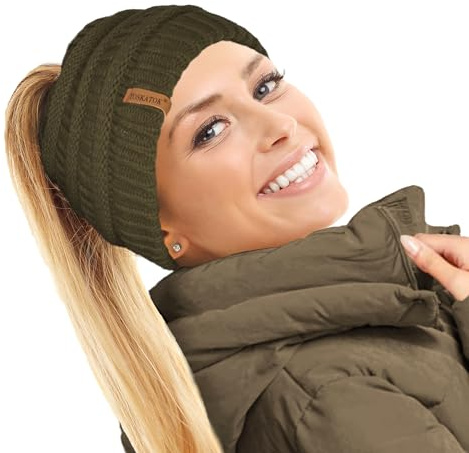 TOSKATOK® Dames Femmes Bonnet Queue de Cheval Plaine Chignon décoiffé Hiver Beanie Chapeau Cap Serre-tête-Taille Unique-Olive