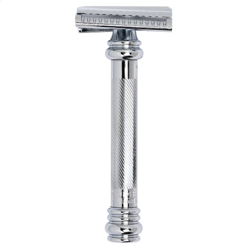MERKUR Rasoio 39C | Barber Pole taglio obliquo lucido | rasoio a due pezzi | pettine chiuso | ideale per rasatura a umido | manico in ottone | Made in Germany