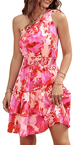 PRETTYGARDEN Women's Summer Tie One Shoulder Boho Floral Dress Elastic Waist Tiered Ruffle A Line Flowy Mini Dresses (Print Pink,Medium)