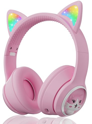 Woukksy Auriculares Niños,Auriculares Bluetooth para niños sin Cable,con Orejas de Gato LED,supraaurales con limitador de Volumen de 85 dB,Plegables,para Tableta,teléfono móvil,Ordenador y Escuela