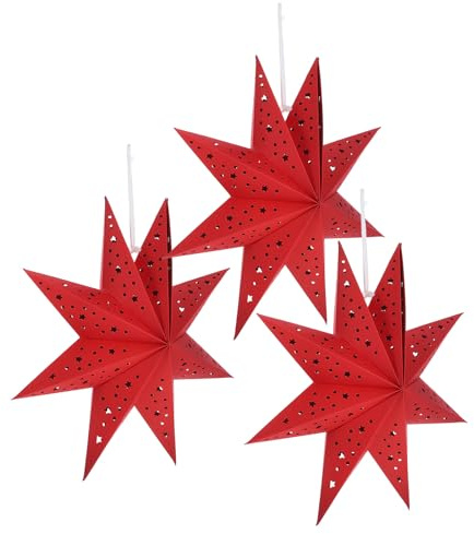 DOITOOL Pappersstjärnor jul, 3 stycken julstjärna pappersstjärna ljusstakar 35 cm 9-kantig stjärnpapperslykta hängande lampskärmsdekorationer för jul festlig röd
