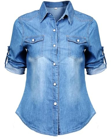 Camicia a Maniche Lunghe in Morbido Denim Blu Jeans Casual da Donna retrò Top Casual con Colletto rovesciato Camicia Normale alla Moda-Azzurro-XL