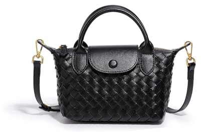 Waiyqju Mini Small Size Braided Luxury Leather Women's top Handle Handbag Fashion Travel Daily Satchel, Black, S