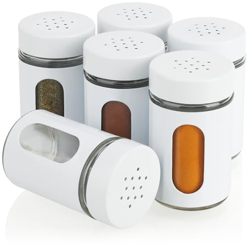 COM-FOUR® 6x agitatori per spezie in acciaio inossidabile e vetro - moderno distributore di sale - spargipepe senza tempo - barattolo per erbe con finestra di livello di riempimento (6 pezzi - bianco)