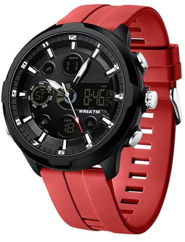 RORIOS Montre Double Affichage Homme Montres de Poignet Sports Digital Électronique Quartz Watch Mode Multifonction Bracelet en Silicone Rouge