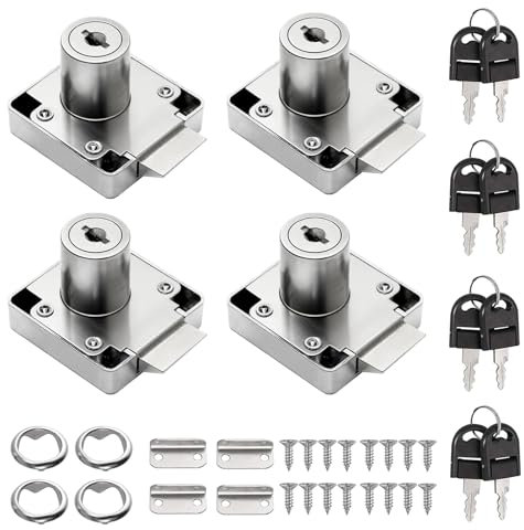 ANBOO 4PCS Serrure de Tiroir de Bureau avec Clé Accessoires, Serrure de Tiroir de Bureau Serrure de Meuble, à Cylindre avec Clés Serrure à Came en Alliage de Zinc pour Fermer des Placards(Argent)