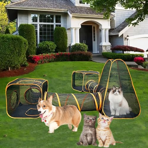 Tragbares Netz-Katzentunnelzelt, 6-in-1-Katzengehege für den Außenbereich, Katzenzelte für Draußen, für Katze, Welpe, Kaninchen, Meerschweinchen