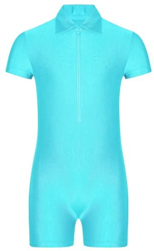 Sxiwei Gymnastikanzug Jungen Kinder Kurzarm Ballettanzug Gymnastik Training Gymnastikbody Trikotanzug Einteiliger Tanzbody Ballettkleidung Blau Grün 158-164
