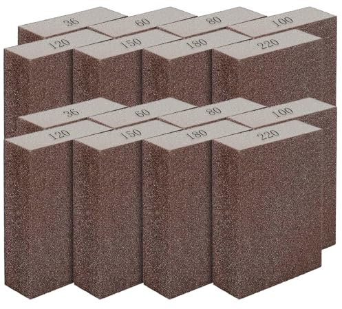 Juego de 16 Esponjas de Lijado - 8 Granos Diferentes (36-220) para Madera, Metal y Pintura - Reutilizables y Lavables