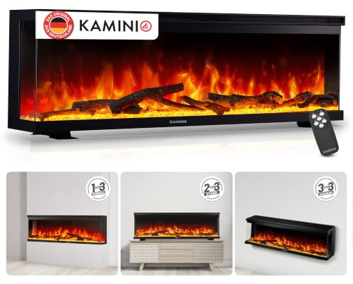 KAMINIO® Lea PRO 60 Elektrisk eld med värmare och flameffekt | 3-i-1 väggmonterad, infälld eller fristående elektrisk öppen spis, 3-sidigt glas, 12 LED-färger, timer, fjärrkontroll, svart
