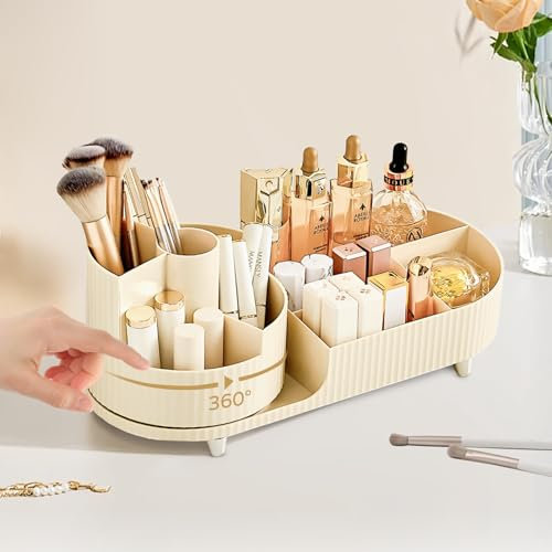 Home-X Makeup Organiser, 360 Rotating Make up Brush Organizer, Compartment 2 in 1 Cosmetic Skincare Beauty Storage Holder, Large Makeup Dressing Table Organiser Storage for Vanity Bathroom Bedroom