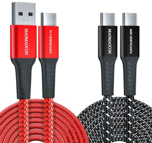 Lot de 2 câbles de charge rapide, 2 m, câble USB-C vers C, 100 W, PD3.0 + câble USB-A vers C, 3,1 A, en nylon tressé, pour iPhone 16 Pro, Samsung Galaxy S23, iPad Pro, MacBook Air, tablette, etc