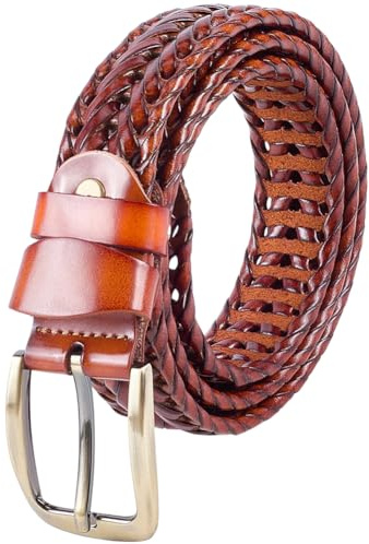 CALFOVERA Cinturón de Cuero Genuino Tejido Casual de 3.45cm de Ancho con Correa Trenzada Y Hebilla de Una Punta. Cinturón Ajustable de Cuero de Vaca para Hombres, Mujeres, Vaqueros, Pantalones