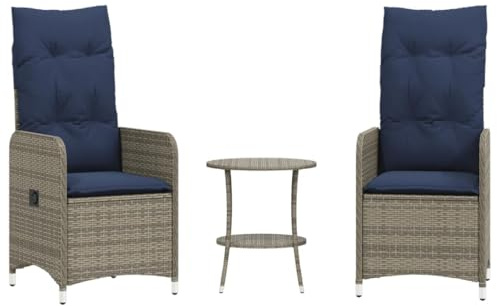 Eleganz Sillas de jardín ajustables 2 unidades con mesa – Grupo de asientos de ratán sintético gris con acero pulverizado – Duradero y resistente a la intemperie para terraza, balcón o jardín